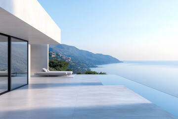 Modern villa terrace overlooking tranquil seascape with mountains in distance during early morning light