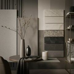 Assortment of various kitchen countertop materials displayed in different colors and textures.