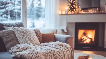 cozy living room with fireplace in winter season with snow outside