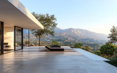 Modern architecture showcasing stunning mountain views from a contemporary terrace during sunset