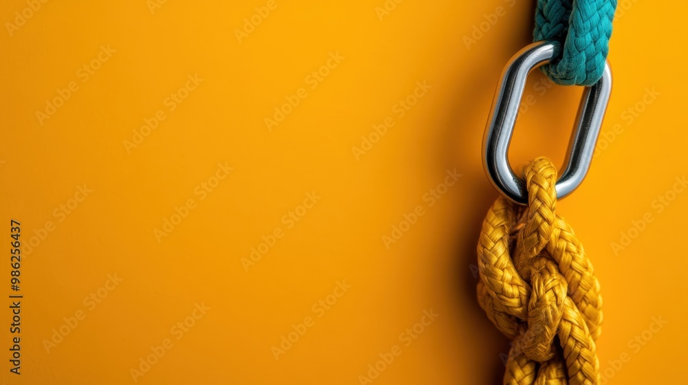Poster close-up of intertwined yellow and green ropes with a metal hook set against a vibrant yellow wall, 