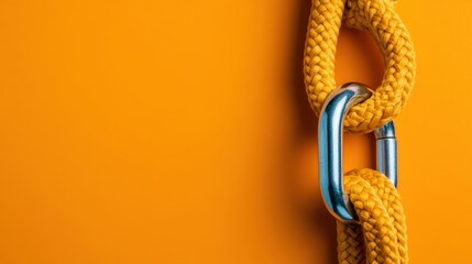 A close-up shot of a yellow rope entangled with a metal chain link against a vibrant orange background, highlighting themes of unity, strength, and resilience.