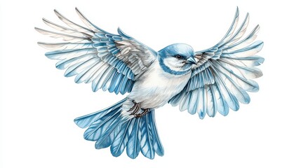 Fototapeta premium A bluebird in mid-flight, showcasing its vibrant feathers against a white isolated background.