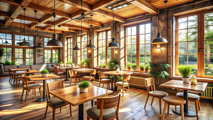 Obraz premium Cozy caf? interior with rustic wooden furniture and large windows allowing natural light to flood the space, cozy