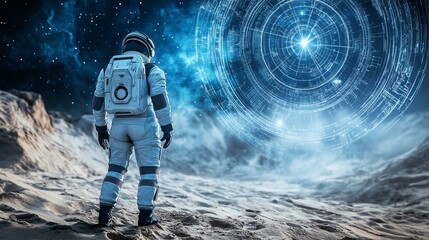 Journey Through the Cosmic Sands: An Astronaut's Solitary Quest for Discovery Amidst the Holographic Stars of a Distant Colony






