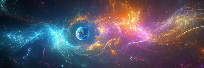 A vibrant abstract universe wallpaper depicting colorful cosmic scene with swirling galaxies and prominent Earth. image evokes sense of wonder and exploration