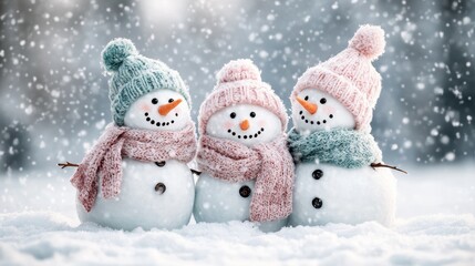 A trio of cheerful snowmen adorned with pastel-colored knitted hats and scarves stands amidst falling snowflakes, showcasing winter joy, camaraderie, and festive spirit.
