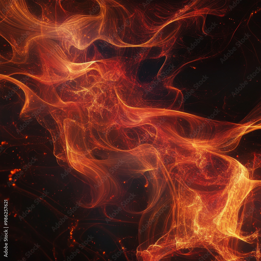 Poster ethereal flames dance in vibrant hues of orange and red, creating an intricate abstract pattern that