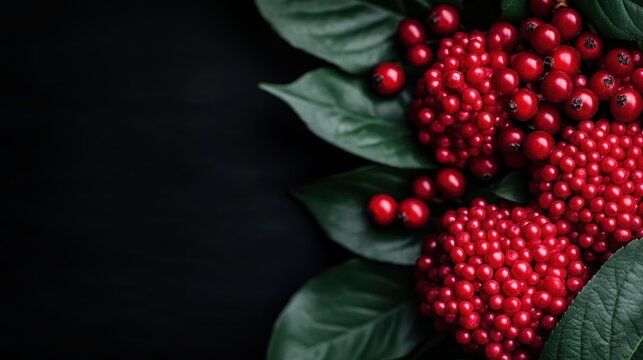 A striking image of red berries set against lush green leaves on a dark background, highlighting the contrast and vibrancy of nature's palette with a sense of elegance.