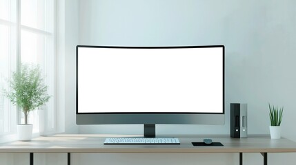 Mockup of modern wide computer monitor in home, AI-generative
