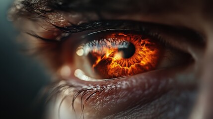 A dramatic close-up image of a human eye reveals the fiery orange and red textures of the iris,...