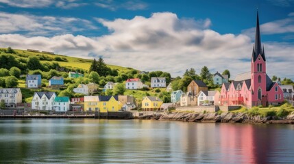 Naklejka premium A picturesque coastal village with colorful houses and a prominent church steeple, reflecting in the calm waters under a vibrant blue sky.