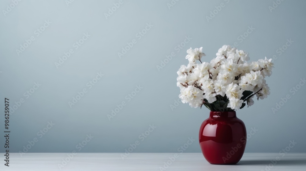 Poster a red vase holding white flowers is placed on a simple, minimalistic background, creating an elegant