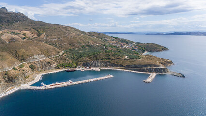 Fototapeta premium Cinarli Village view from sea in Marmara Island of Turkey. Aerial view of&nbsp;Marmara island Cinarli , Turkey. Marmara island view from sea in Turkey.