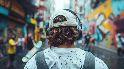 From behind, a man wearing headphones and a cap is walking through an alley adorned with vibrant graffiti. The image captures a modern urban lifestyle in a lively cityscape.