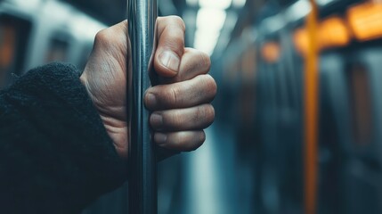 A close-up image shows a hand tightly gripping a metal pole inside a moving subway train, showcasing the daily reality of commuting and the human experience.