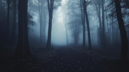 Obraz premium horror fantasy foggy mystery forest, scary scene
