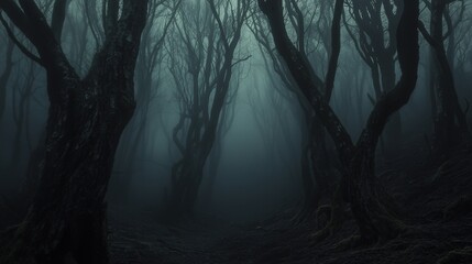 horror fantasy foggy mystery forest, scary scene