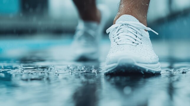Close-up of a person running on wet ground wearing white sneakers. The scene captures motion, resilience, and determination, reflected through the raindrops and movement.