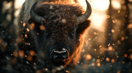 A powerful image of a bison facing the camera head-on, its gaze intense, with golden light and scattering particles creating a dramatic and captivating effect in the natural setting.