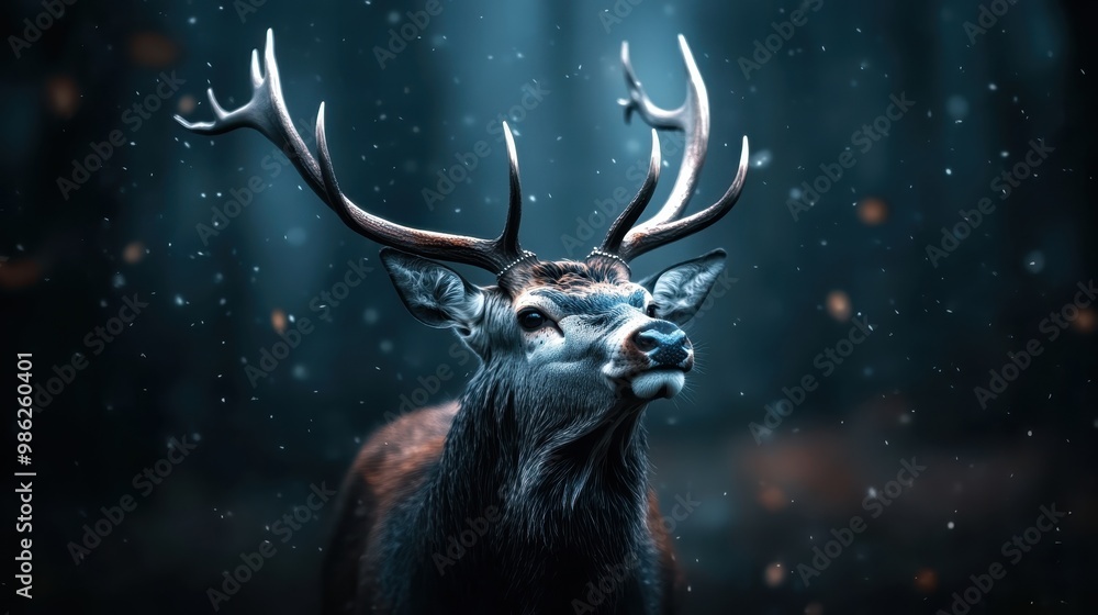 Wall mural a close-up image of a majestic deer standing in a snowy forest, captured in great detail, with snowf