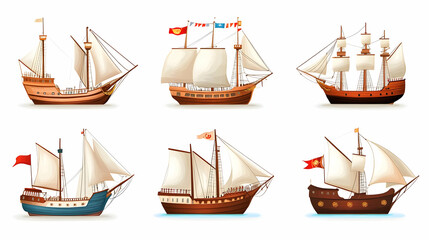 Vintage Sailing Ships Collection, Old Wooden Boats with White Sails Vector Illustration