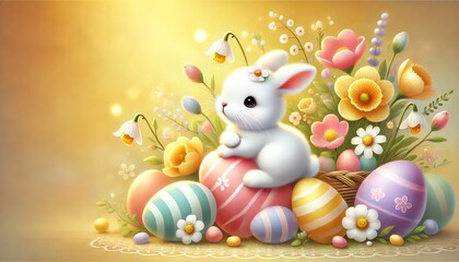 A playful Easter-themed illustration featuring a cute white bunny sitting among colorful Easter eggs and spring flowers