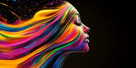 Obraz premium Vibrant Spectrum of Dreams: A Portrait of Colorful Imagination. A woman’s profile with her hair transformed into vibrant, colorful streaks against a black background. 