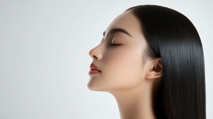 Side view of a woman with sleek straight hair, perfect complexion, eyes shut, smooth neck, white background