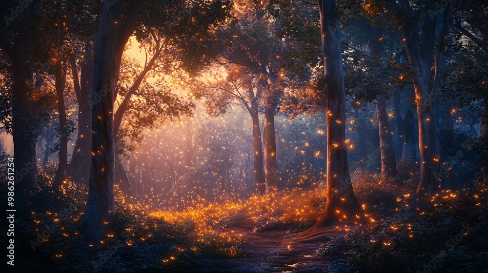 Poster enchanting forest path with glowing fireflies at dusk