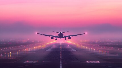 Airplane landing on runway at sunset with city lights in the background.