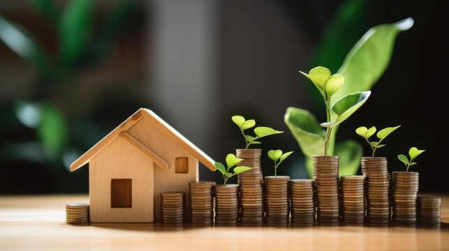 Wooden house model and stacks of coins with small plants growing, symbolizing financial growth, savings, and sustainable investment.
