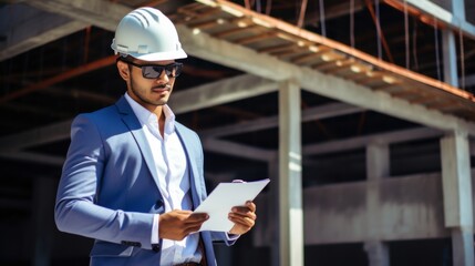 A confident man in a helmet and suit, examining architectural plans at a construction site, exuding professionalism and focus.