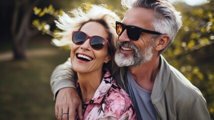 A joyful older couple, with one giving the other a piggyback ride, sharing laughs and love in a picturesque field at sunset.