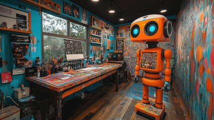 Obraz premium Artistic Robot in a Colorful Workshop