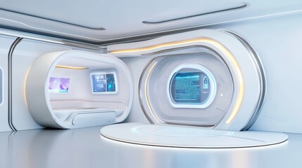 Futuristic Spaceship Cabin with Sleek Digital Interfaces and Dashboards