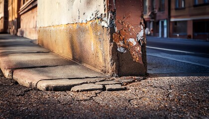 An urban corner showcasing a weathered wall and cracked pavement, highlighting signs of aging and deterioration.
