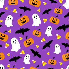 Vector seamless Halloween pattern with orange pumpkins, bats, ghosts and candies