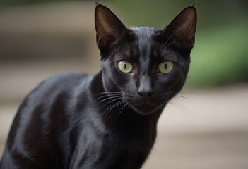 Obraz premium A sleek, black cat with striking yellow eyes is standing on a stone ledge