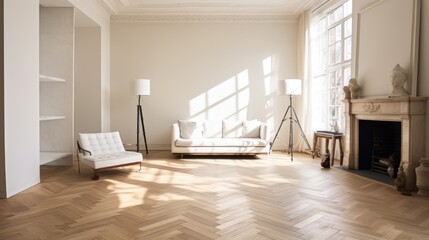 Fototapeta premium A spacious, minimalist living room bathed in natural sunlight, featuring stylish furniture and a serene atmosphere.