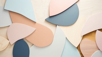 Abstract arrangement of pastel-colored shapes overlapping on a light wood surface, creating a soft and modern art piece.