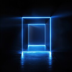 Neon blue portal in dark room