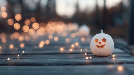 A white Halloween pumpkin with a glowing face sits on a wooden deck at dusk, illuminated by warm string lights in the background, creating a festive Halloween ambiance.