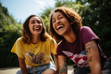 A group of diverse women in their 20s, laughing and having fun while riding skateboards in an urban park, - Powered by Adobe