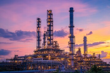 Fototapeta premium Refinery plant at twilight, petrochemical industrial plant with sky background with generative ai