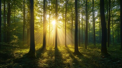 Fototapeta premium Sunlight Streaming Through Dense Forest Canopy