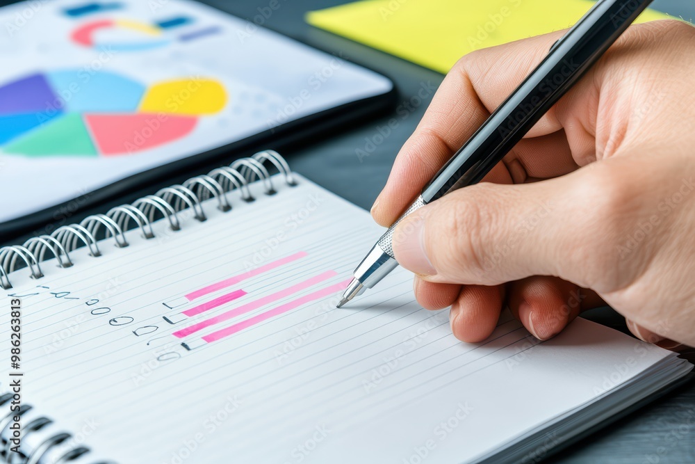 Aufkleber a hand writing in a notebook with graphs and charts, representing analysis and planning.