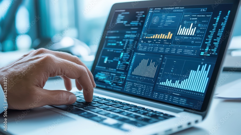 Poster a hand typing on a laptop displaying financial graphs and data analysis in a modern workspace.