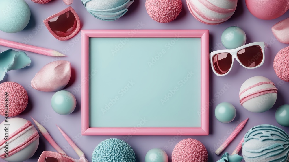 Poster a bright and creative scene showcasing a pair of sunglasses and various colorful objects arranged ar