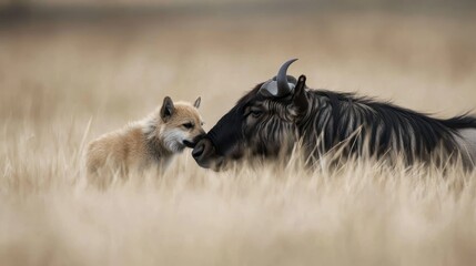 Fototapeta premium A tender moment captured between a wild dog and a buffalo calf in a vast field, highlighting interspecies friendship and connection in nature.